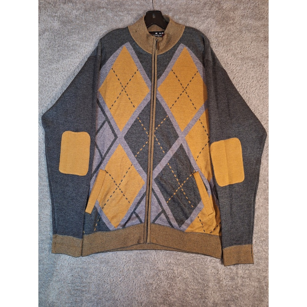 Royal Prestige Argyle Cardigan Sweater Mens XL Gray Yellow Zip Elbow Patches